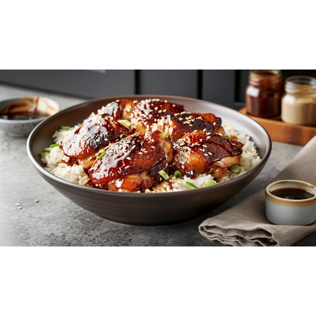 Teriyaki glazed chicken thighs over jasmine rice in white bowl with dark glossy teriyaki sauce