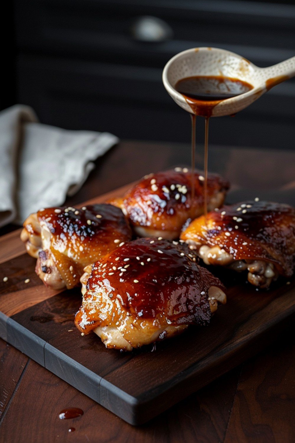 Teriyaki sauce drizzled from ceramic spoon in slow arc over lacquered chicken thighs on wooden board
