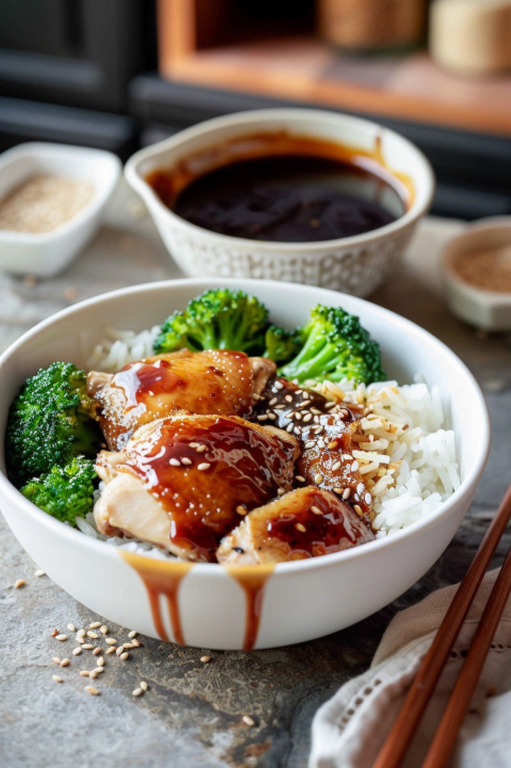 Teriyaki chicken rice bowl with dark glossy sauce ramekin sesame seeds and chopsticks on stone counter
