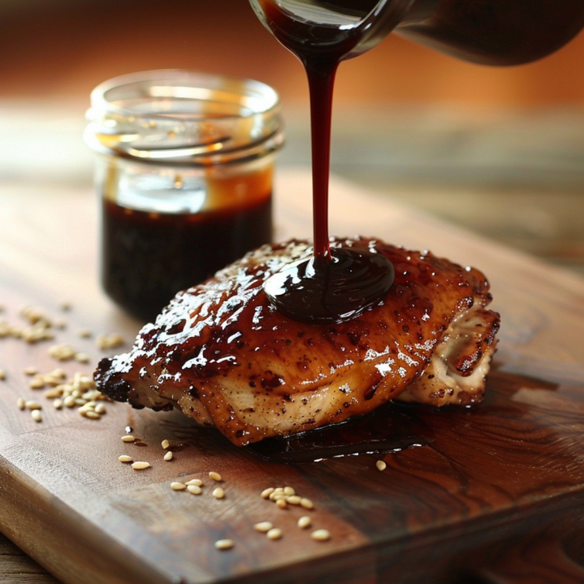 Dark glossy teriyaki sauce poured from small jar onto golden chicken thigh resting on wooden board
