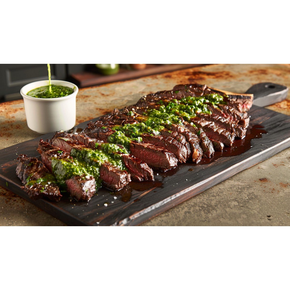 Texas de Brazil Chimichurri copycat recipe — bright herbaceous green sauce drizzled over sliced skirt steak on wooden board