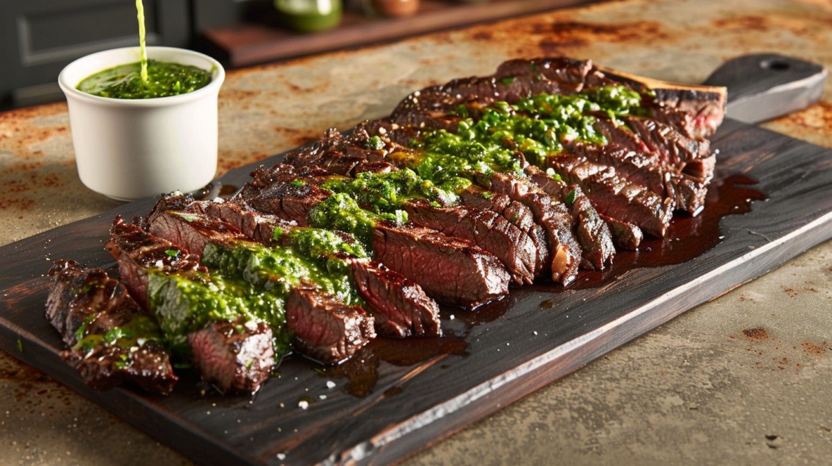 Texas de Brazil Chimichurri copycat recipe — bright herbaceous green sauce drizzled over sliced skirt steak on wooden board
