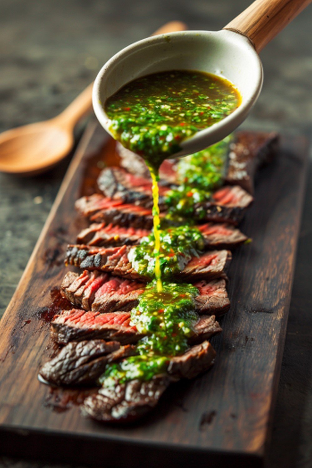 Bright green chimichurri sauce drizzled in slow diagonal stream from ceramic spoon over sliced steak resting on wooden board
