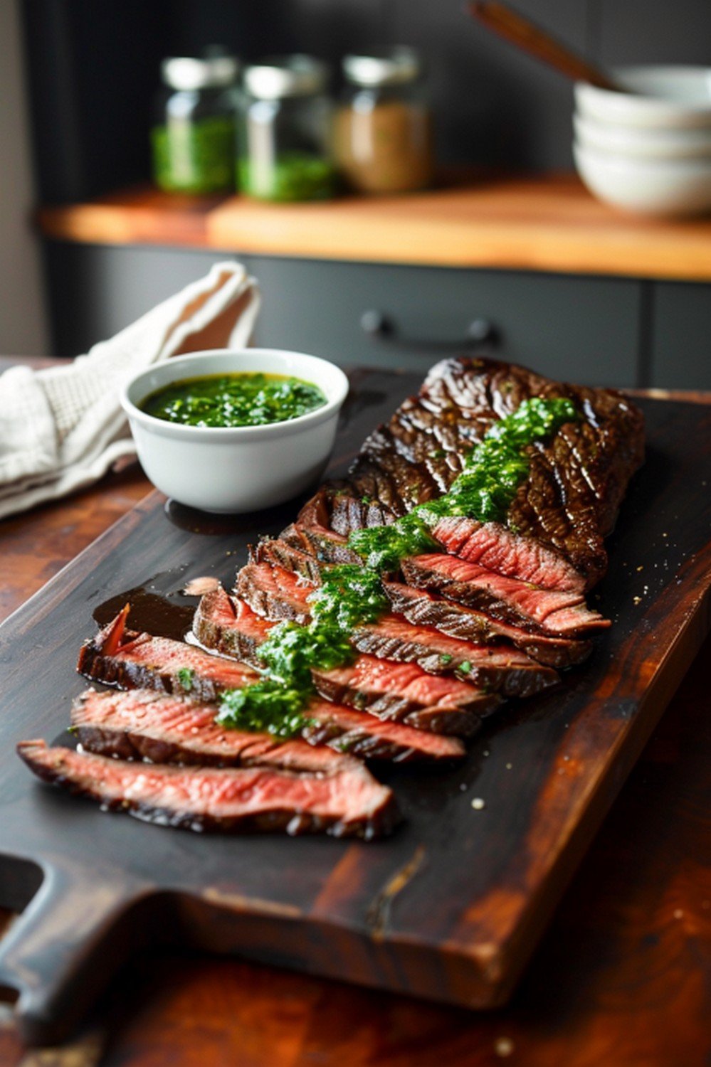 Homemade Texas de Brazil chimichurri sauce served with sliced steak on dark wooden board in warm home kitchen lifestyle scene
