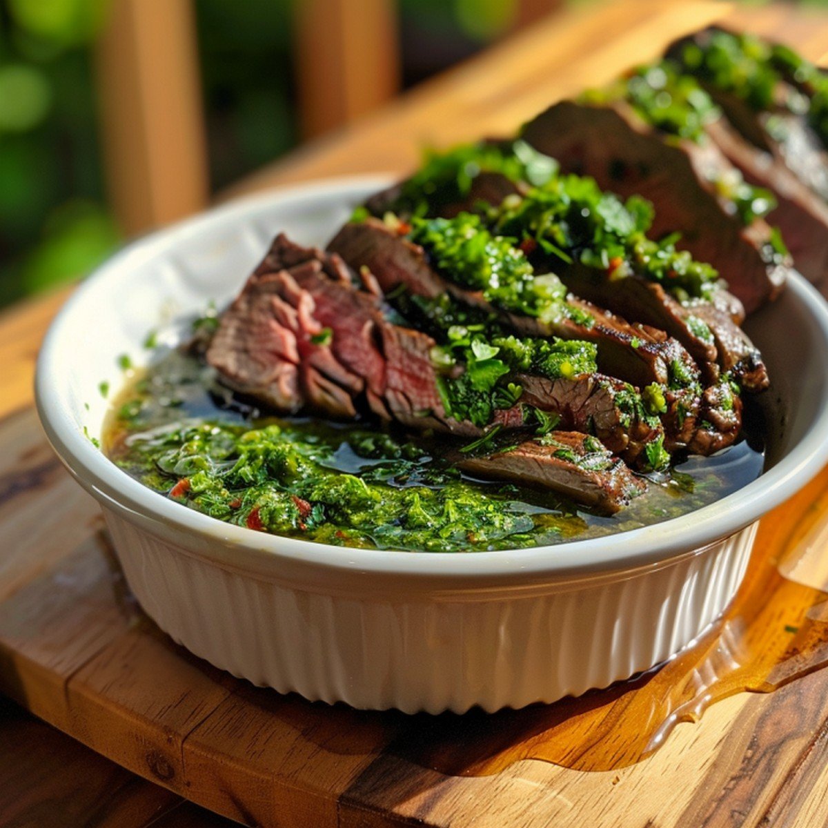 Close-up of bright herbaceous green chimichurri sauce with visible parsley — thick glossy texture pooling over bowl edge
