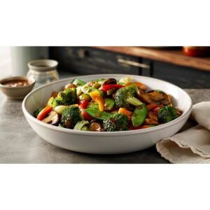 Colorful stir fried broccoli snap peas bell peppers and mushrooms with light glossy sauce in white bowl