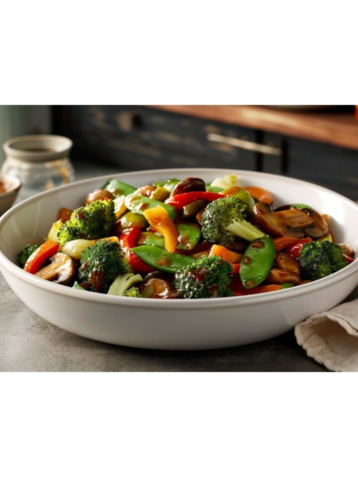 Colorful stir fried broccoli snap peas bell peppers and mushrooms with light glossy sauce in white bowl