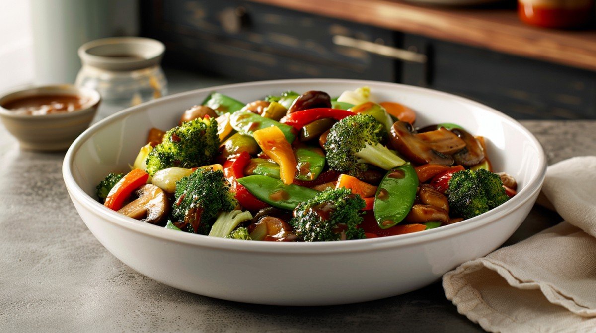 Colorful stir fried broccoli snap peas bell peppers and mushrooms with light glossy sauce in white bowl

