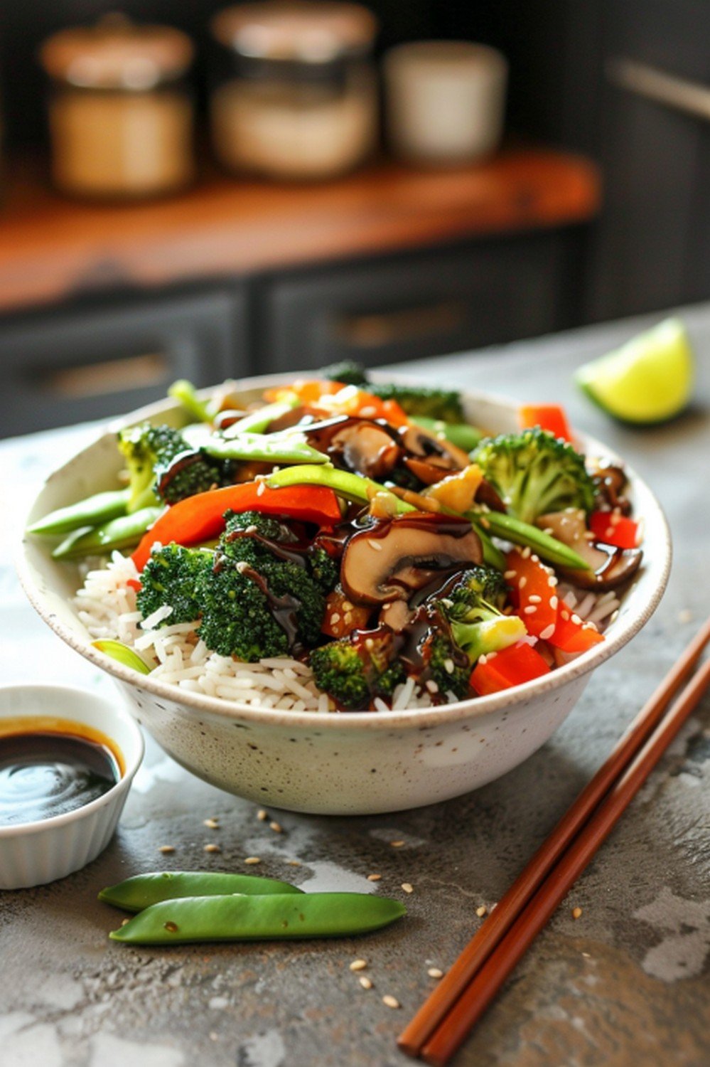 Vegetable stir fry rice bowl with colorful vegetables sauce ramekin lime wedge and chopsticks on stone counter
