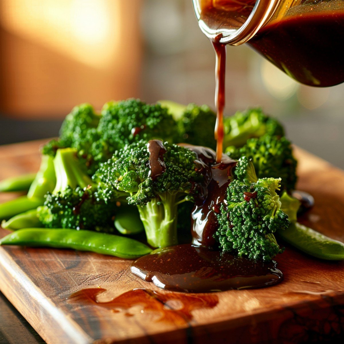Light glossy vegetable stir fry sauce poured from jar over broccoli florets and snap peas on wooden board
