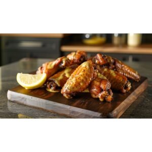 Wingstop Lemon Pepper Sauce recipe — pale golden butter sauce with black pepper specks drizzled over golden crispy wings