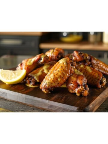 Wingstop Lemon Pepper Sauce recipe — pale golden butter sauce with black pepper specks drizzled over golden crispy wings