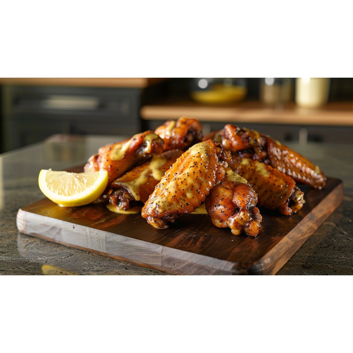 Wingstop Lemon Pepper Sauce recipe — pale golden butter sauce with black pepper specks drizzled over golden crispy wings