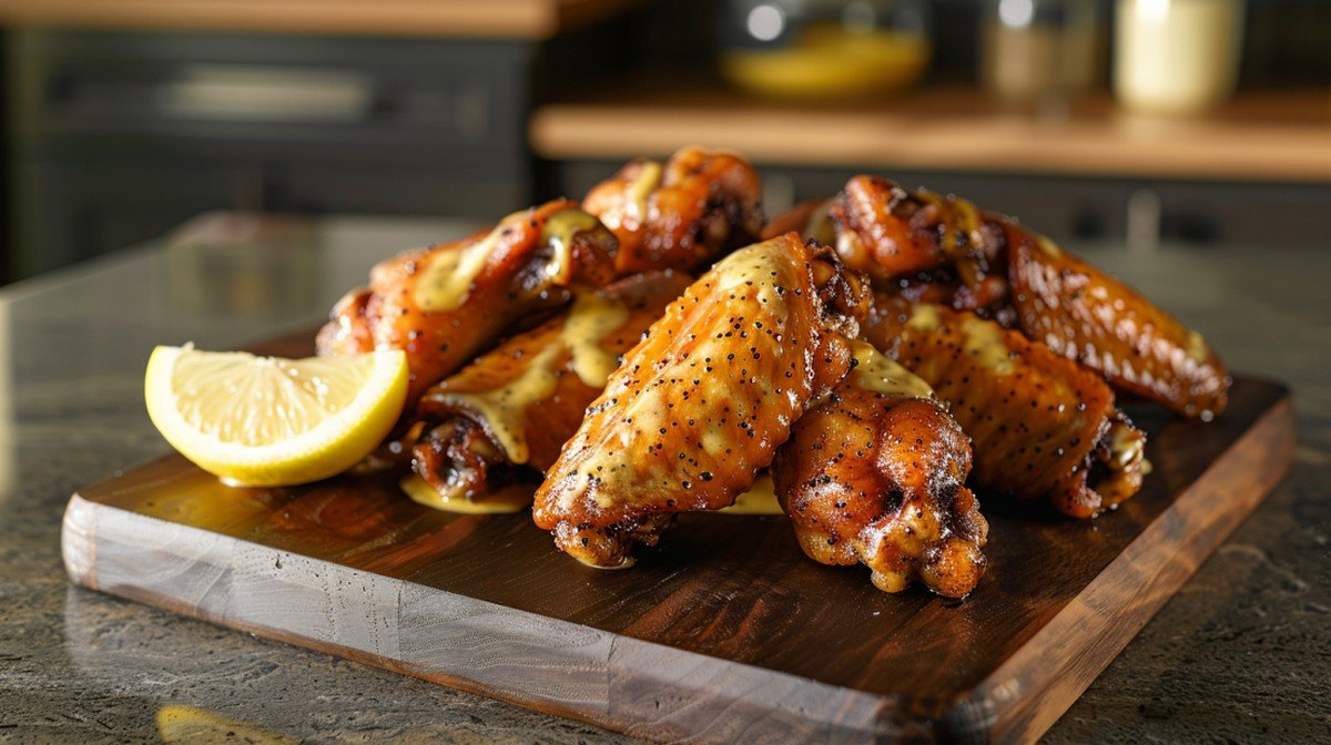 Wingstop Lemon Pepper Sauce recipe — pale golden butter sauce with black pepper specks drizzled over golden crispy wings
