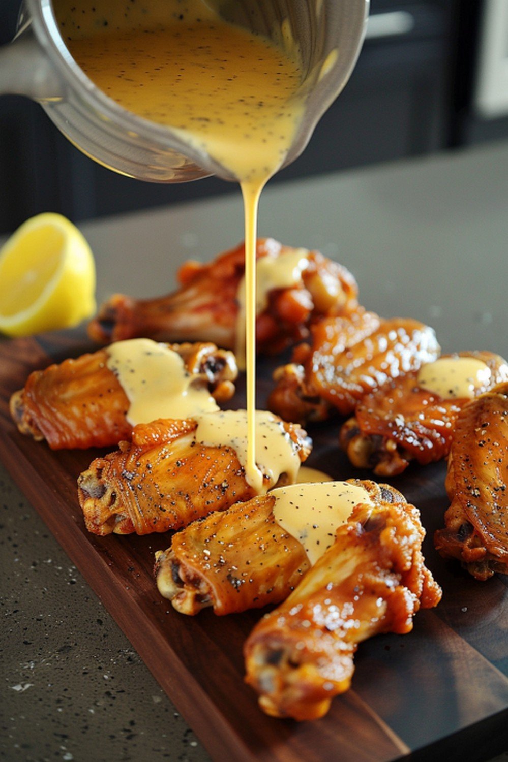 Pale golden lemon pepper butter sauce drizzled in slow continuous stream from ceramic pitcher over golden crispy wings on wooden board
