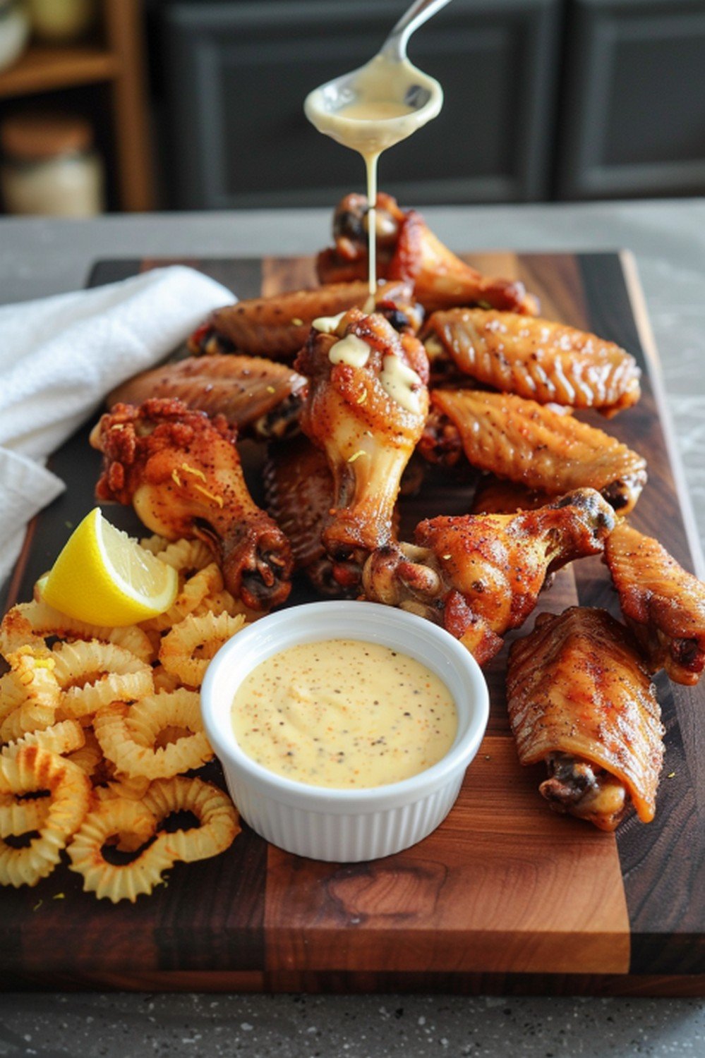 Homemade Wingstop Lemon Pepper Sauce served with golden wings and crinkle fries on dark wooden board in warm home kitchen wing night scene

