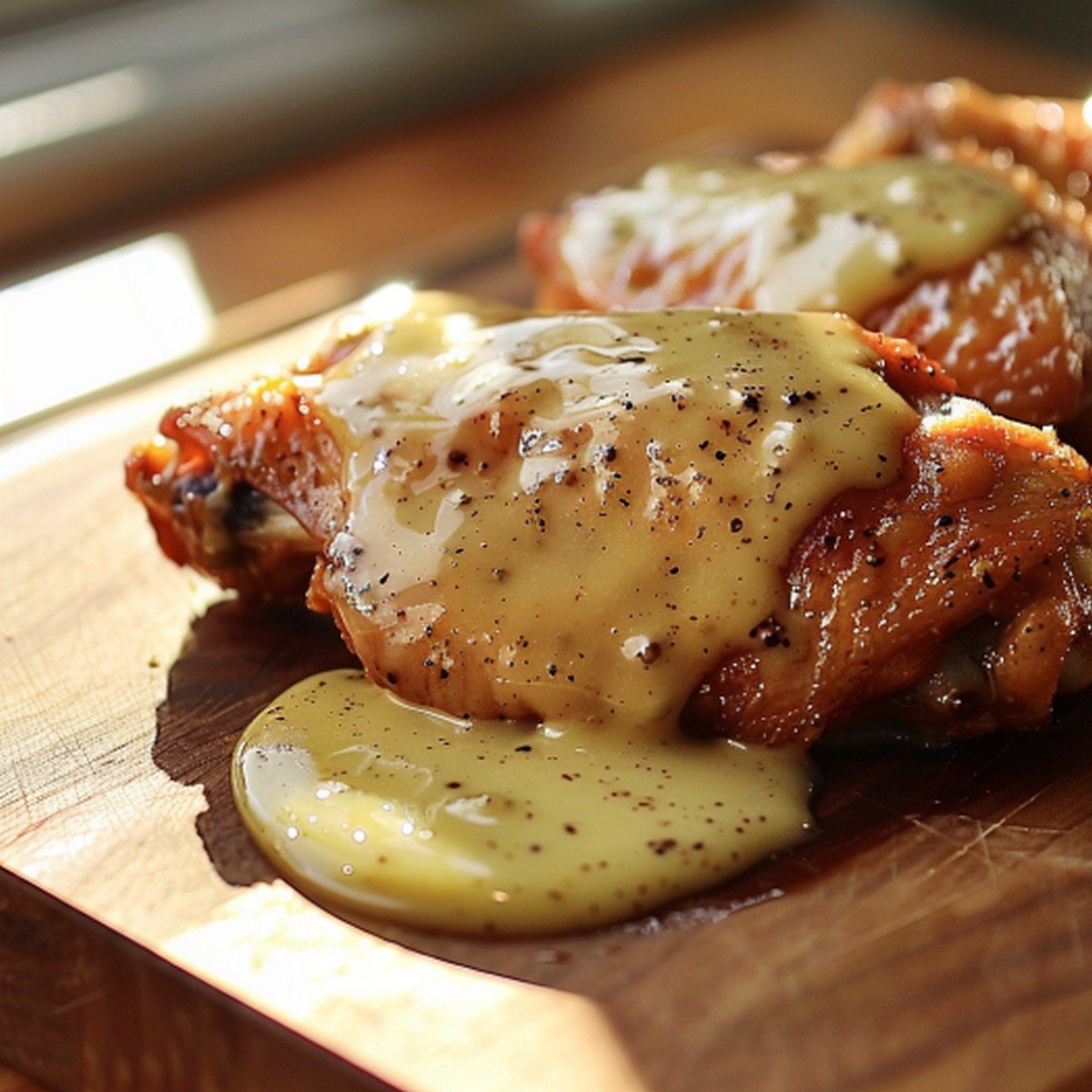 Close-up of pale golden lemon pepper butter sauce with visible black pepper specks swirling in bowl — thick glossy buttery texture
